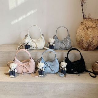 [Tặng gấu] Túi xách nữ kẹp nách đeo chéo da nhung quai xách có đính nơ tặng kèm móc treo gấu K761