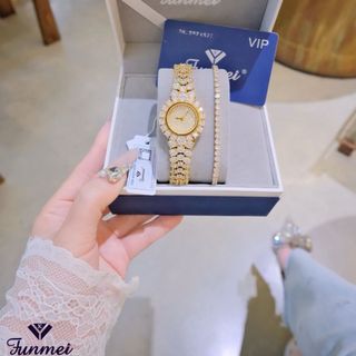 SET ĐỒNG HỒ NỮ CHÍNH NGẠCH FUNMEI F2064 FULL ĐÍNH ĐÁ CZ KÈM DÂY CHUYỀN FULLBOX HOÁ ĐƠN