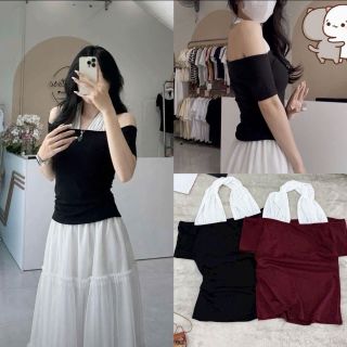 Áo bẹt vai tay ngắn phối yếm cổ