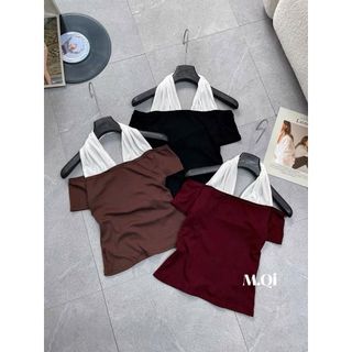 Áo bẹt vai tay ngắn phối yếm cổ