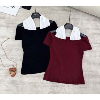 Áo bẹt vai tay ngắn phối yếm cổ