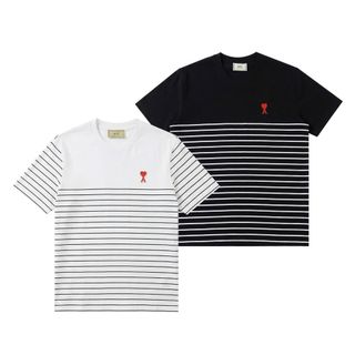Áo Ami Logo Sọc in.  Chất liệu cotton 4 chiều, co giãn mềm mịn, thấm hút mồ hôi tốt.