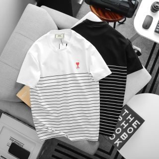 Áo Ami Logo Sọc in.  Chất liệu cotton 4 chiều, co giãn mềm mịn, thấm hút mồ hôi tốt.