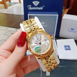 ĐỒNG HỒ NAM NỮ CHÍNH HÃNG FUNMEI F2036 DÂY THÉP MẶT TRÒN SAPHIRE GOLD FULLBOX
