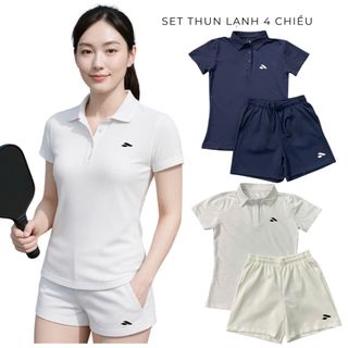Bộ nữ cộc tay thể thao có cổ thun lạnh co giãn 4 chiều,quần short 2 túi chơi pickleball,tennis