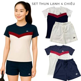 Set thể thao nữ cổ tròn chất thun lạnh co giãn 4 chiều,quần short 2 túi tập gym,cầu lông,chay bộ