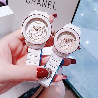 ĐỒNG HỒ NAM NỮ CAO CẤP CHANEU CERAMIC ĐÁ TRẮNG MẶT HOA VIỀN HỒNG VÀ VIỀN BẠC