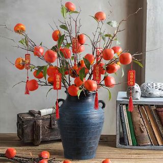 Cành hồng 6 quả có lá như hình cao 87cm thân to uốn cong tùy chỉnh trang trí nhà cửa phòng khách lễ tết tiệc liên hoan