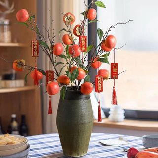 Cành hồng 6 quả có lá như hình cao 87cm thân to uốn cong tùy chỉnh trang trí nhà cửa phòng khách lễ tết tiệc liên hoan