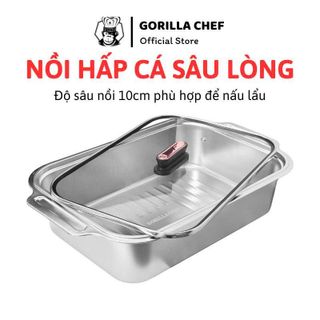 KHAY HẤP CÁ SÂU LÒNG DÀI 42cm INOX 304 KÈM NẮP KÍNH GORILLA CHEF (T40)