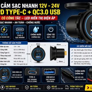 Ổ CẮM SẠC NHANH USB 12V-24V PD TYPE C QC3.0 CÓ CÔNG TẮC LED