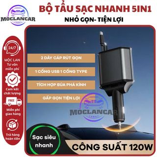 Tẩu Sạc Nhanh Ô Tô 120W 5IN1 Bộ Sạc Xe Hơi USB Type-C, Tích Hợp 2 Dây Rút Gọn Và Búa Phá Kính