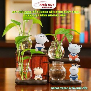 Sét Thú Cưng Bò Sữa, Ếch, Cô Giáo Cừu,Heo, Ngựa Vằn Kèm Bình Thủy Sinh – Trang Trí Bàn Học, Bàn Làm Việc, Taplo Ô Tô