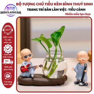 Bình Thủy Sinh Mini Kèm Tượng Chú Tiểu Áo Xám – Gánh Củi / Ca Hát – Trang Trí Bàn Làm Việc / Quà Tặng