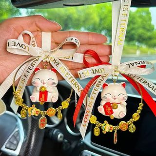 Khánh treo xe mèo thần tài mang lại may mắn tài lộ,khánh gấu dâu Losto đáng yêu trang trí xe hơi treo gương chiếu hậu Nội Thất