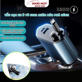 Tẩu Sạc Nhanh Ô Tô 120W 5in1 Kiêm Búa Phá Kính – Sạc Xe Hơi USB & Type-C, Tích Hợp 2 Dây Rút Gọn 80cm
