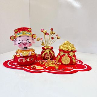 (Trang Trí Tết) Set Tượng Ông Thần Tài Hũ Vàng Mang Lại Tài Lộc, May Mắn Trang Trí Taplo Ôto, Bàn Trà