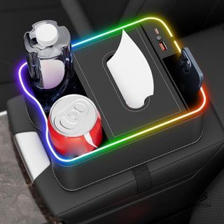 Khay Hộp Đựng Điện Thoại / Cốc / Thẻ / Đồ Uống 2 Cổng Sạc USB Có Đèn Led Gắn Ghế Ngồi Xe Hơi