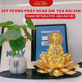 Sét Tượng Phật Quan Âm Mạ Vàng Cầm Bình Cam Lộ Mix Chậu Cây Dùng Trang Trí Taplo Xe, Phòng Làm Việc.
