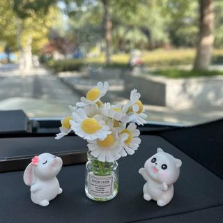 Set Thỏ Và Lọ Hoa Mini Trang Trí Taplo Màn Hình DVD Bàn Làm Việc Trang Trí Nội Thất Ô Tô Dễ Thương