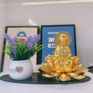 Sét Tượng Phật Quan Âm Mạ Vàng Cầm Bình Cam Lộ Mix Chậu Cây Dùng Trang Trí Taplo Xe, Phòng Làm Việc.