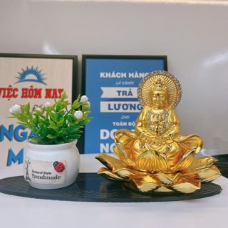 Sét Tượng Phật Quan Âm Mạ Vàng Cầm Bình Cam Lộ Mix Chậu Cây Dùng Trang Trí Taplo Xe, Phòng Làm Việc.