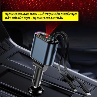 Tẩu Sạc Nhanh Ô Tô 120W Bóng Đèn Chiếu Sáng 5 In 1 Có Dây Rút Type-C+Light, Tẩu Sạc Nhanh Sạc Điện Thoại, Ipad, Camera