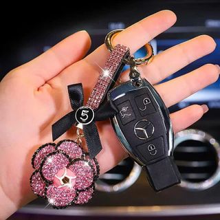 Móc Khóa Ô Tô Hoa Trà Đính Đá Lấp Lánh Cao Cấp – Trang Trí Chìa Khóa Xe, Túi Xách Sang Trọng