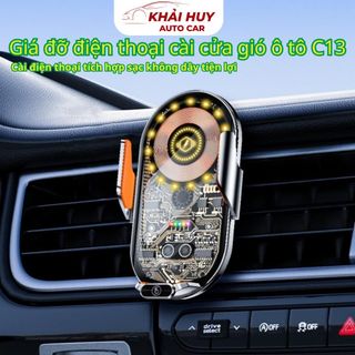 Giá đỡ Điện Thoại cho Ô Tô C13 trong suốt sạc không dây & sạc nam châm cảm ứng đóng mở tự động có đèn LED khaihuyauto