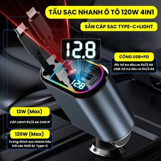 Tẩu sạc nhanh Ô Tô 120W 4 Trong 1 Có Bóng Đèn Led Sao Chiếu Sáng, Tẩu Sạc USB+C Sạc Điện Thoại, Digital camera