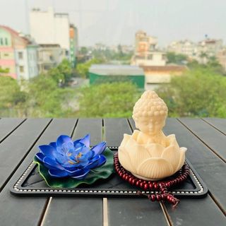Tượng Phật SAKYAMUNI Mỉm Cười Mix Hoa Sen Trang Trí Taplo Ô Tô Kèm Tràng Hạt Phong Thủy Bình An, May Mắn