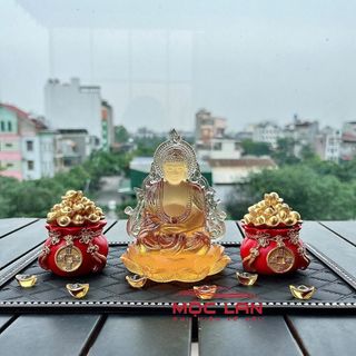 [Sét Tĩnh Lặng] Tượng Phật Như Lai Cầm Ngọc Lưu Ly Pha Lê Cao Cấp Trang Trí Taplo Ô Tô - Bình An May Mắn