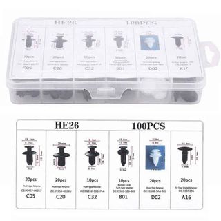 100 Vít Nở Xe Hơi HE26 Chốt Nở Nhựa Ô Tô Dụng Cụ Sửa Chữa Lắp Thay Thế Vặn Các Bộ Phận Chắn Bùn Chất Liệu Nhựa Kèm Hộp Đựng Phụ Tùng