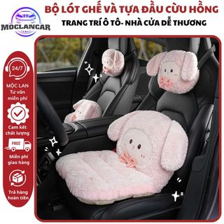 Bộ Lót Ghế Và Gối Tựa Đầu Ô Tô Hình Cừu Bông Dễ Thương – Gối Cổ, Đệm Lưng Trang Trí Nội Thất Xe Hơi Mềm Mịn