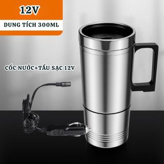 Cốc Đun Nước Giữ Nhiệt 12V–24V Sử Dụng Tẩu Sạc Trên Ô Tô – Dung Tích 300ml, Inox Không Gỉ Đế Cốc Tháo Rời Tiện Dụng