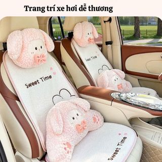 Bộ Lót Ghế Và Gối Tựa Đầu Ô Tô Hình Cừu Bông Dễ Thương – Gối Cổ, Đệm Lưng Trang Trí Nội Thất Xe Hơi Mềm Mịn