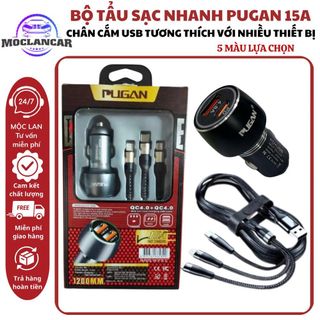 Tẩu Sạc Nhanh Pugan 15A Kèm Dây Sạc 3 Đầu Cho Các Loại Điện Thoại Dùng Trên Ô Tô Tặng Kèm Dây Sạc 3 Đầu Phụ Kiện