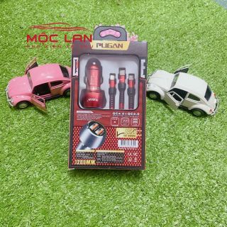 Tẩu Sạc Nhanh Pugan 15A Kèm Dây Sạc 3 Đầu Cho Các Loại Điện Thoại Dùng Trên Ô Tô Tặng Kèm Dây Sạc 3 Đầu Phụ Kiện