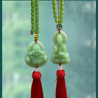 Khánh Treo Nội Thất Ô Tô Quan Âm – Di Lặc Ngọc Xanh Cao Cấp, Tua Rua Đỏ-Cầu Bình An,May Mắn, Phong Thủy, Sang Trọng