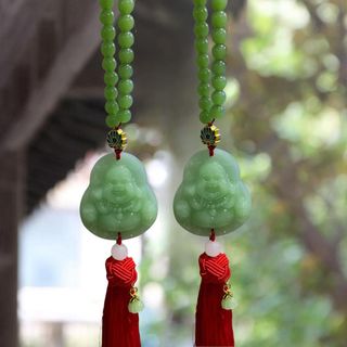 Khánh Treo Nội Thất Ô Tô Quan Âm – Di Lặc Ngọc Xanh Cao Cấp, Tua Rua Đỏ-Cầu Bình An,May Mắn, Phong Thủy, Sang Trọng