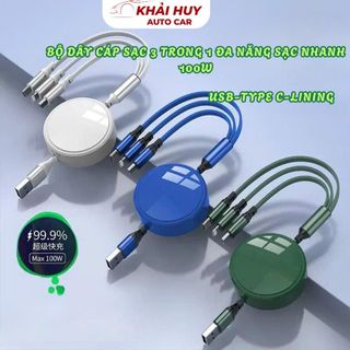 Cáp Điện Thoại Đa Năng 3 Đầu Sạc Dây Rút 3 In 1 Sạc Nhanh 3A Cổng Chất Liệu Bền Gọn Nhẹ Tiện Lợi