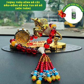 (Tặng Kèm Tinh Dầu) Tượng Trâu Vàng Phong Thủy Kèm Đồng Hồ & Nước Hoa – Quà Tặng Trang Trí Taplo Ô Tô, Bàn Làm Việc