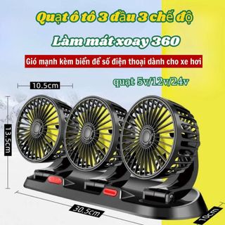 Quạt ô tô 3 đầu 3 chế độ làm mát xoay 360 gió mạnh kèm biển để số điện thoại dành cho xe hơi, quạt 5v/12v/24v