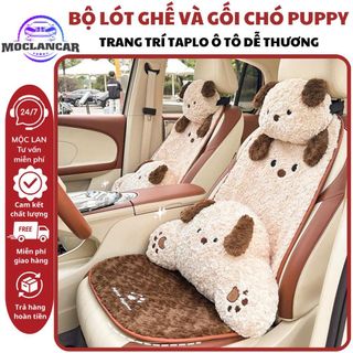 Bộ Lót Ghế Ô Tô Gối Tựa Lưng, Tựa Đầu Ô Tô Hoạ Tiết Cún Puppy Dễ Thương, Trang Trí Xe Hơi Sang Trọng