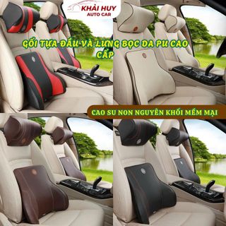 (Dream)Bộ Gối Ô Tô Tựa Lưng, Tựa Đầu Cao Su Non Nguyên Khối Bọc Da Cao Cấp khaihuyauto