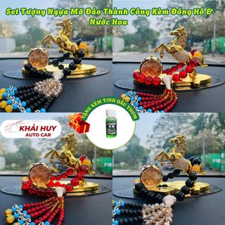 ( Tặng Kèm Tinh Dầu)Tượng Ngựa Mã Đáo Thành Công Kèm Đồng Hồ & Nước Hoa – Phong Thủy Trang Trí Taplo Ô Tô, Bàn Làm Việc