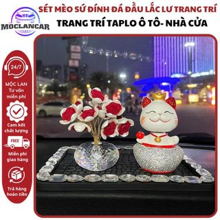 Set Mèo thần Tài Đính Đá Đầu Lắc Lư Trang Trí Taplo Xe Hơi Cao Cấp Mang Lại May Mắn, Tài Lộc