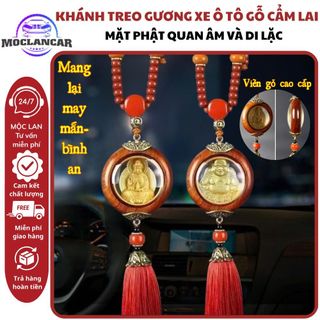 Khánh Treo Xe Gỗ Đính Phật Bằng Vàng – Tượng Phật Quan Âm / Phật Di Lặc – Tua Rua Đỏ May Mắn