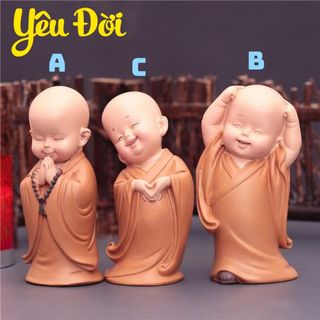 Tượng Chú Tiểu Áo Nâu, An Nhiên, Yêu Đời, Tự Tại, Tam Không Trang Trí Taplo, Bàn Trà
