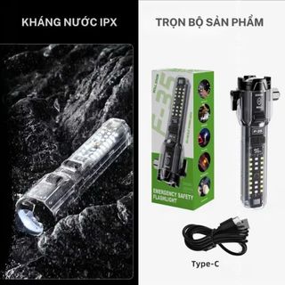 [F35 8in1 Mới] Đèn Pin F35 LED Laser 6 Chế Độ Sáng, Còi Báo Động, Phá Kính, Cắt Dây An Toàn, Kháng Nước,Zoom Xa,Sạc USB